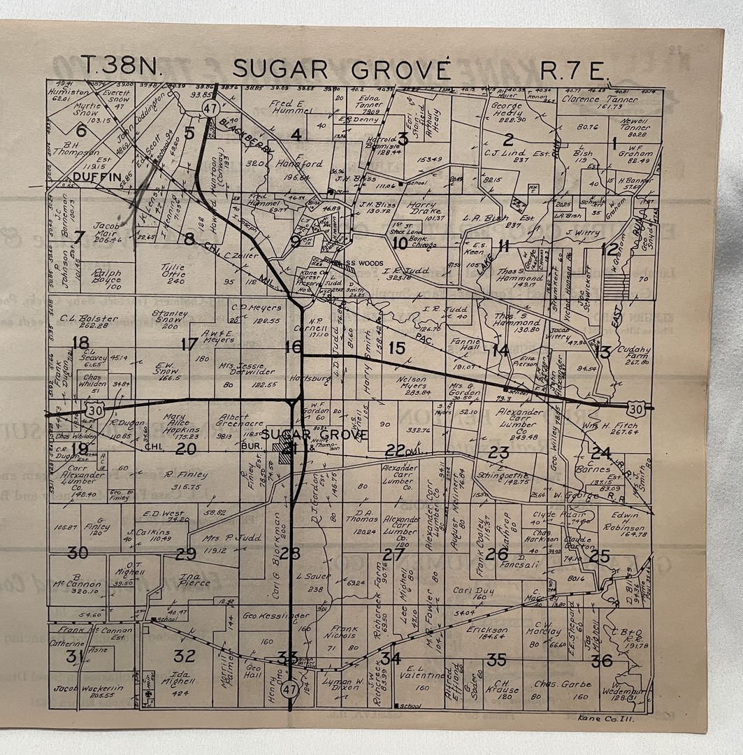 Sugar Grove Plat<br />
T38N<br />
R7E<br />
Plat Book of Kane County, 1943