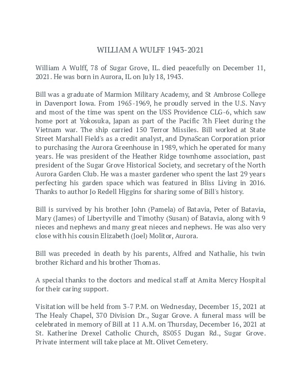 William Wulff 1943-2021 obituary