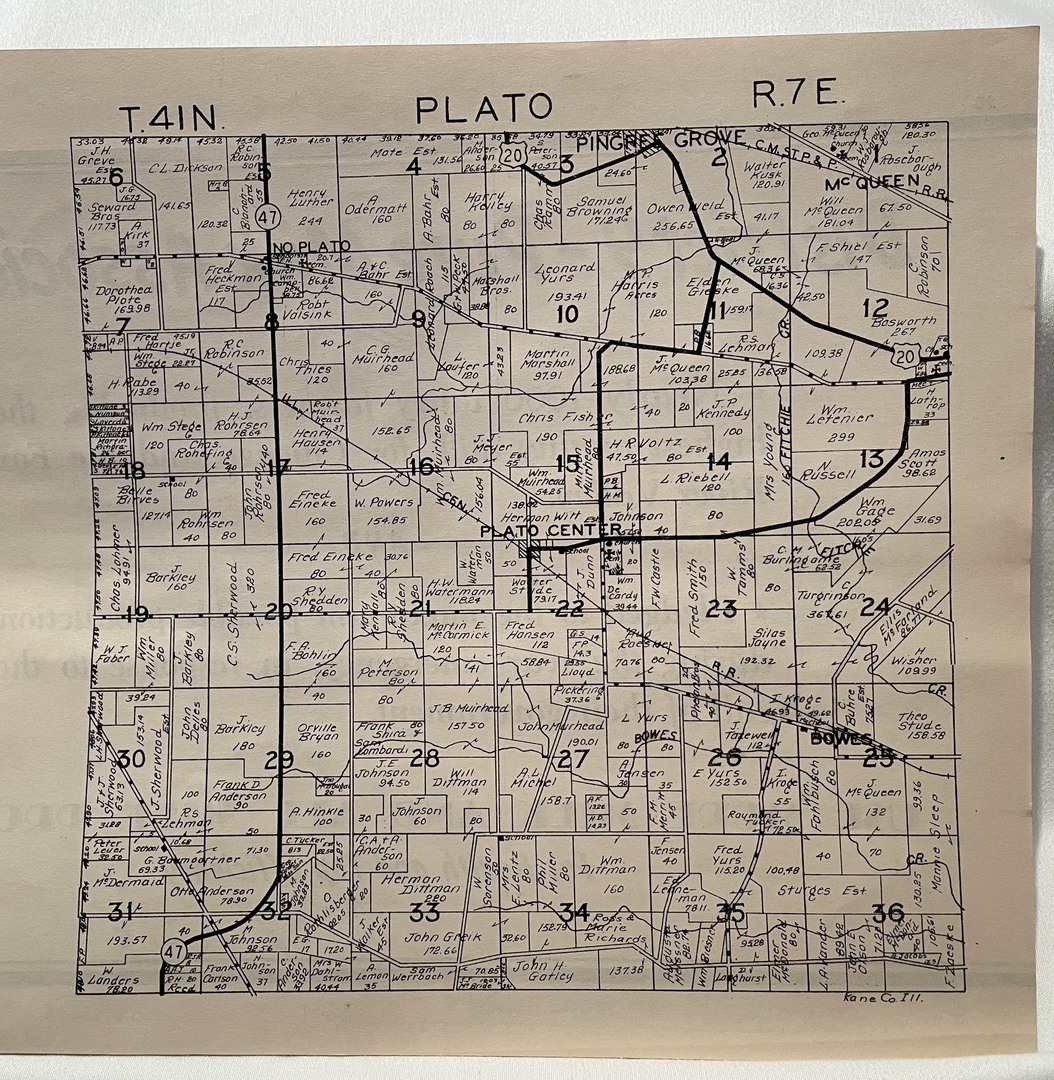 Plato Plat<br />
T41N<br />
R7E<br />
Plat Book of Kane County, 1943