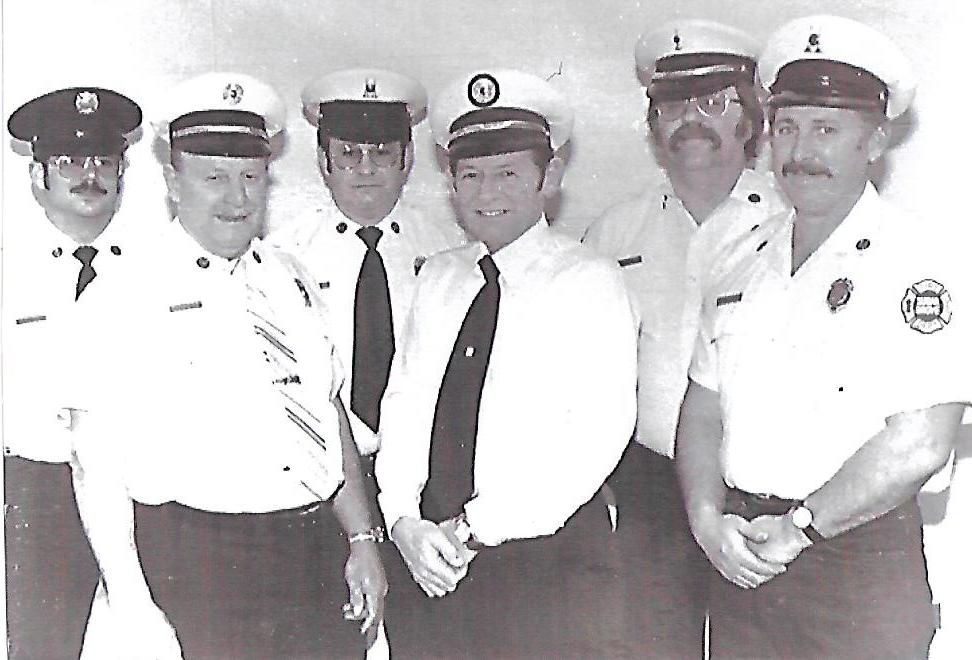 Sugar Grove Fire Department, L to R: Verne Bjornson, Del Krieghbaum, Gene Love, Jack Huggins, Ray Fox, Dick Massier