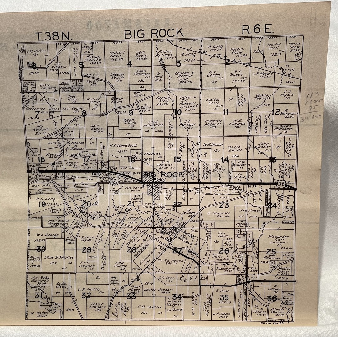 Big Rock Plat<br />
T38N<br />
R6E<br />
Plat Book of Kane County, 1943