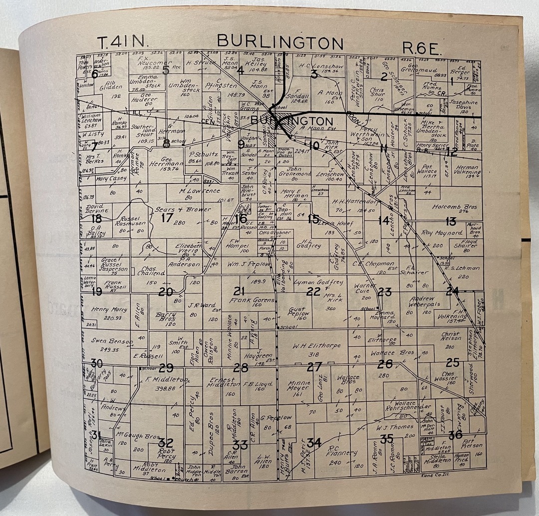 Burlington Plat, 1943<br />
T41N<br />
R6E<br />
Plat Book of Kane County, 1943