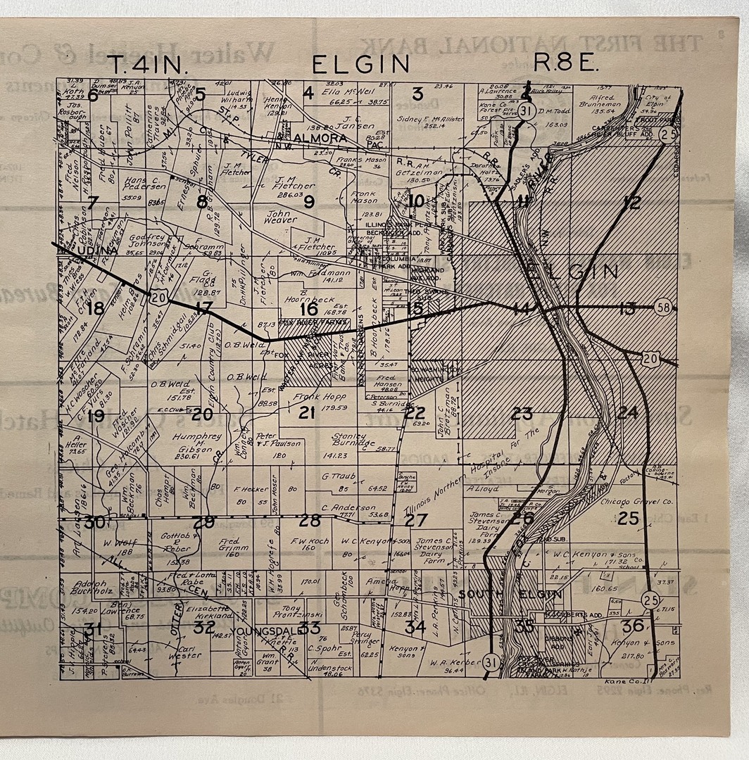 Elgin Plat<br />
T41N<br />
R8E<br />
Plat Book of Kane County, 1943