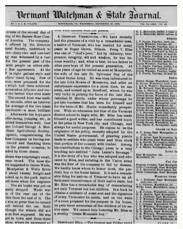 Bliss, Peleg Young 1879 Newspaper Article.png