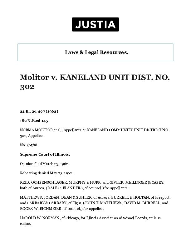 Molitor v. KANELAND UNIT DIST. NO. 302 __ 1962 __ Supreme Court of Illinois Decisions __ Illinois Case Law __ Illinois Law __ US Law __ Justia.pdf