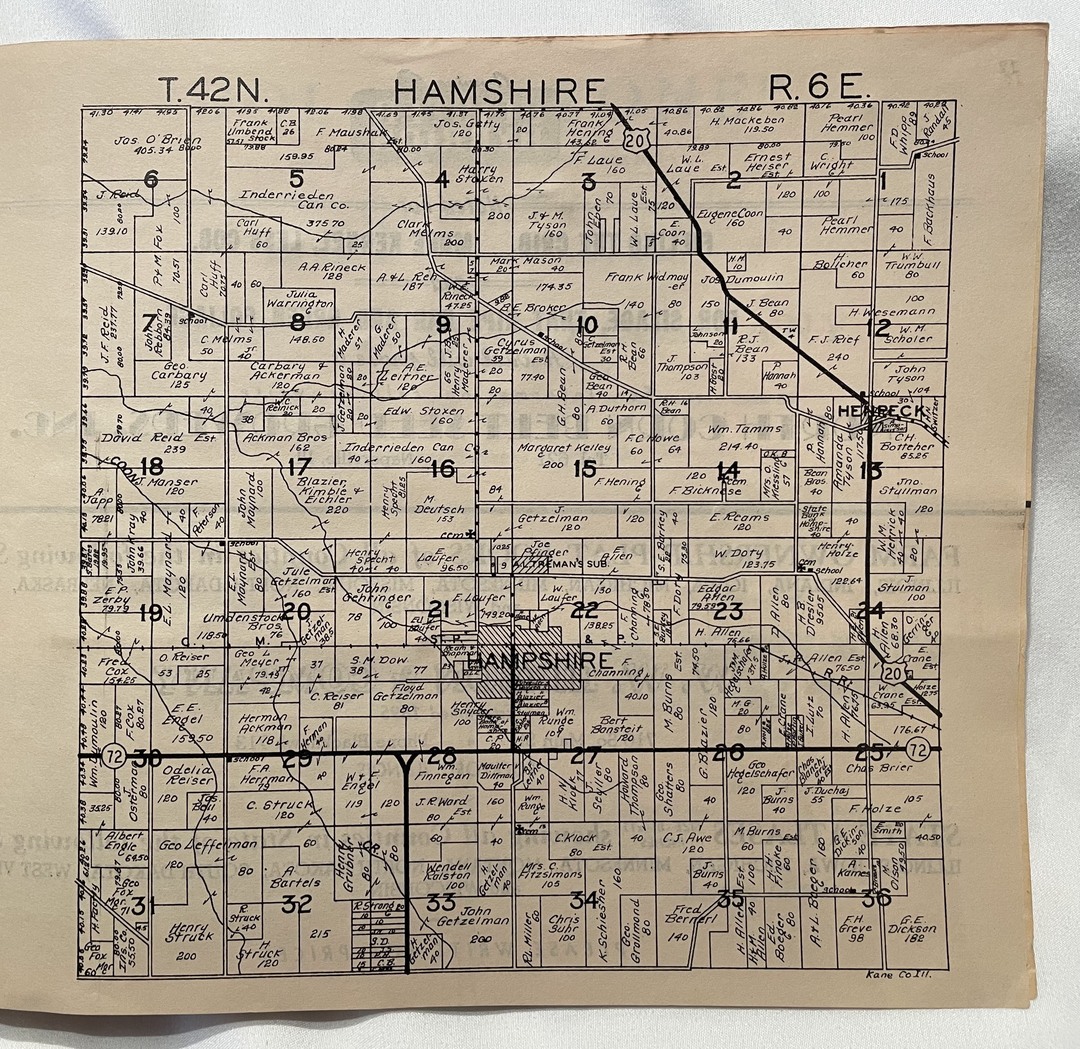 Hampshire Plat, 1943<br />
T42N<br />
R6E<br />
Plat Book of Kane County, 1943