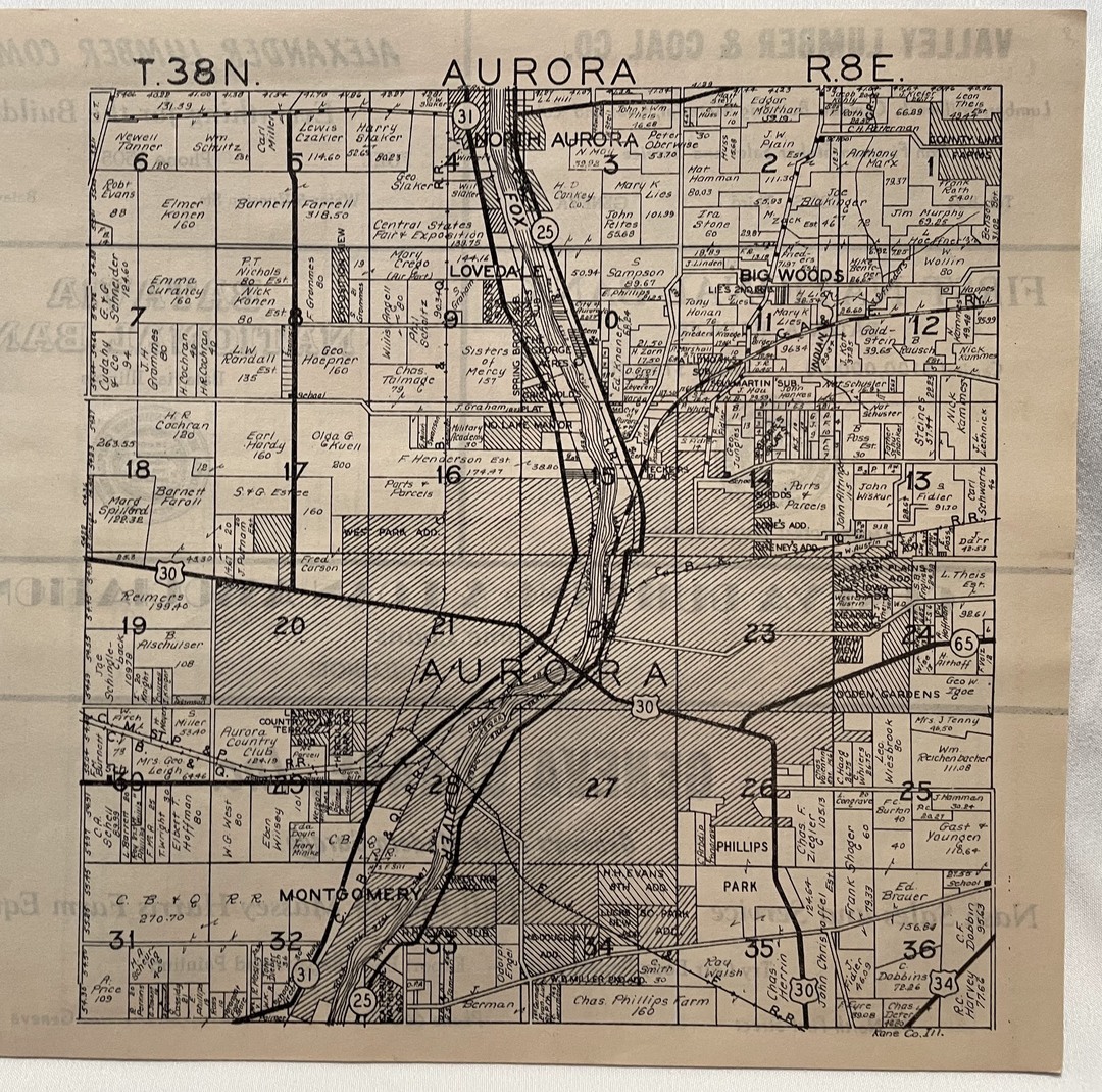 Aurora Plat<br />
T38N<br />
R8E<br />
Plat Book of Kane County, 1943