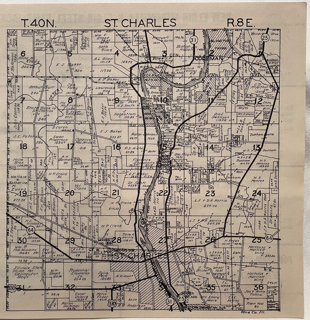 St. Charles Plat<br />
T40N<br />
R8E<br />
Plat Book of Kane County, 1943