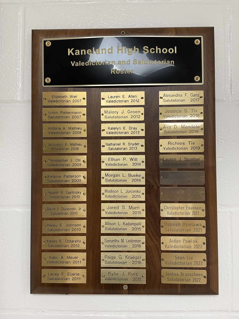 KANELAND HIGH SCHOOL<br />
Valedictorian and Salutatorian Roster<br />
2007 - 2022