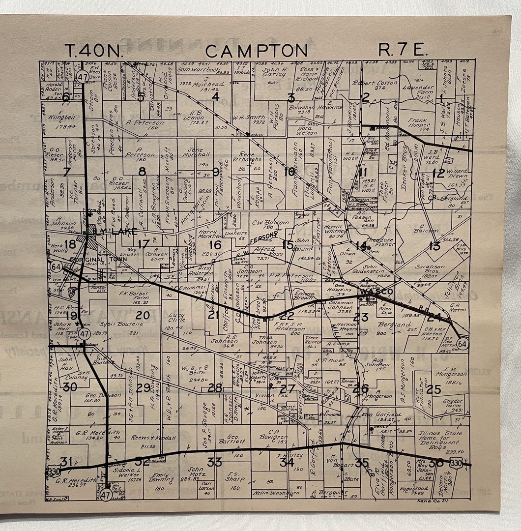 Campton Plat<br />
T40N<br />
R7E<br />
Plat Book of Kane County, 1943