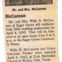 McCannon Family:  50th Anniversary of Willis McCannon and Grace Gertrude Presler McCannon.  1992.